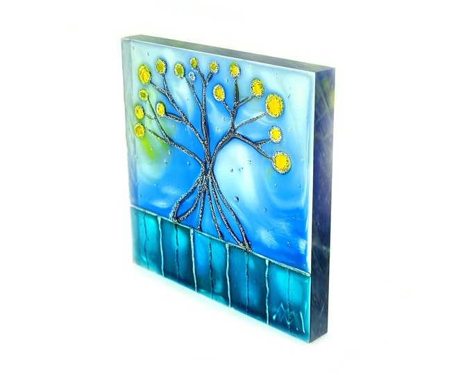 Glass Painting Sculpture Blue Tree by Maria Marachowska