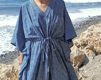 Organic Indigo striped kaftan,cotton kaftan,caftan,gifts for her,resort wear,loungewear,sleepwear,gifts for her,cotton dress,one size kaftan