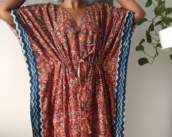 Caftán de algodón terroso, caftán, regalos para ella, ropa de resort, ropa de estar, ropa de dormir, vestido largo, vestido bohemio, talla grande, ropa de playa, vestido largo,