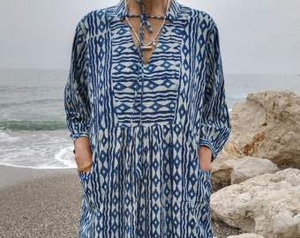 Indigotuniek, biologische tuniek, resortkleding, loungewear, cadeaus voor haar, bohotuniek, biologische jurk, moederdagcadeau, cadeau voor moeder postpartum, blokprint