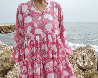 Pink tiered dress,cotton dress,gifts for her,summer dress,boho dress,resort wear