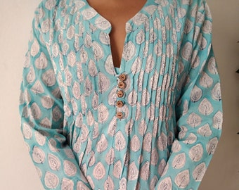 Katoenen pintuck tuniek, katoenen top, katoenen jurk, cadeaus voor haar, boho jurk, blokprint jurk