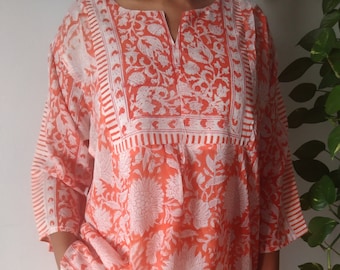 Tunique en coton orange, cadeaux pour elle, vêtements de villégiature, cadeau post-partum de maman, robe d'été, tunique d'été, vêtements de plage, maillot de bain, robe boho