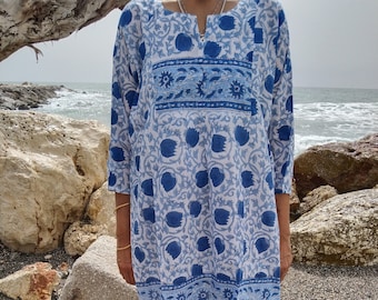 Túnica de algodón, ropa de resort, túnica hecha a mano, regalo para ella, ropa de playa, túnica boho de verano, regalo del día de la madre, regalos de damas de honor, vestido de algodón, estampado en bloque