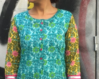 Cotton top,Indian top,Indian kurti,Boho top,Contrast sleeves top,Floral top,Gifts for her,Size XS top,Size S top,Boho top,Swim cover up,