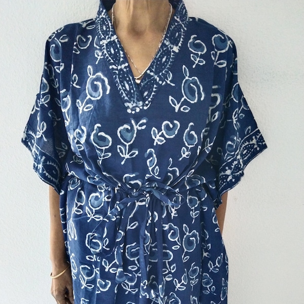 Organic Indigo rose kaftan,gifts for her,loungewear,resort wear,organic dress,beachwear,cotton dress,boho dress,plus size dress,