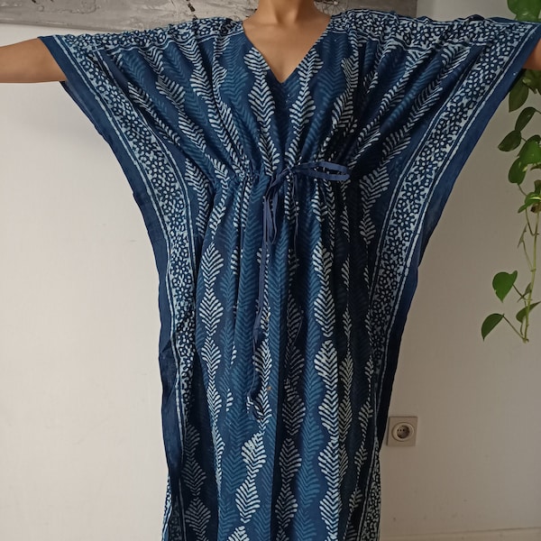 Indigo kaftan, kaftan, biologische kaftan, strandkleding, resortkleding, loungewear, nachtkleding, katoenen jurk, boho jurk