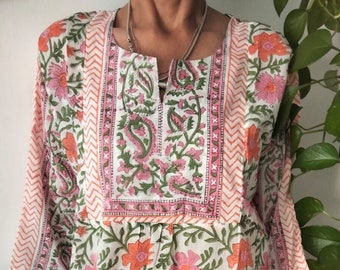 Túnica de algodón, ropa de resort, túnica con estampado de bloques, cubierta de natación, vestido de verano, túnica boho, regalos para ella, vestido de algodón, vestido boho, túnica