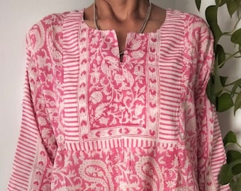 Túnica de algodón, ropa de resort, ropa de playa, cubierta de natación, túnica con estampado de bloques, regalos para ella, vestido de verano, túnica boho, túnica de algodón,