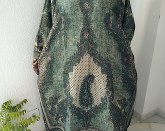 Green paisley Woolen kaftan,Wool blend kaftan,winter dress, loungewear,resort wear,boho winter dress,gifts for her, Christmas gift,boho robe