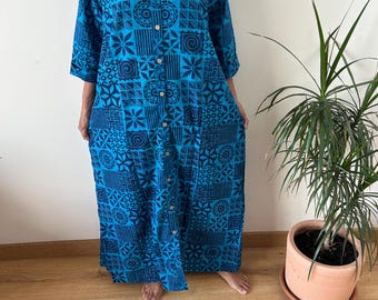 Chinese collar cotton kaftan,caftan, resort wear,loungewear,gifts for her,boho dress,a line dress,block print dress