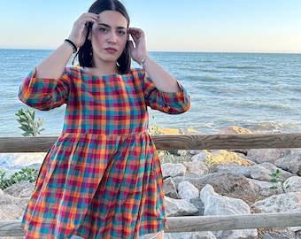 Multi cotton gingham tunic,cotton tunic,cotton check tunic,gifts for her,resort wear,mom postpartum gift,Mother’s Day gift,boho tunic