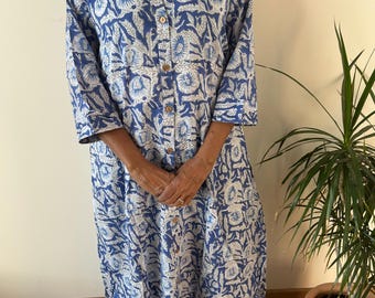 Blue Chinese collar cotton kaftan,caftan, resort wear,loungewear,gifts for her,boho dress,a line dress,block print dress