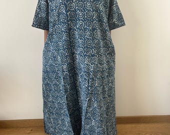 Indigo  cotton kaftan,caftan, resort wear,loungewear,gifts for her,boho dress,a line dress,block print dress