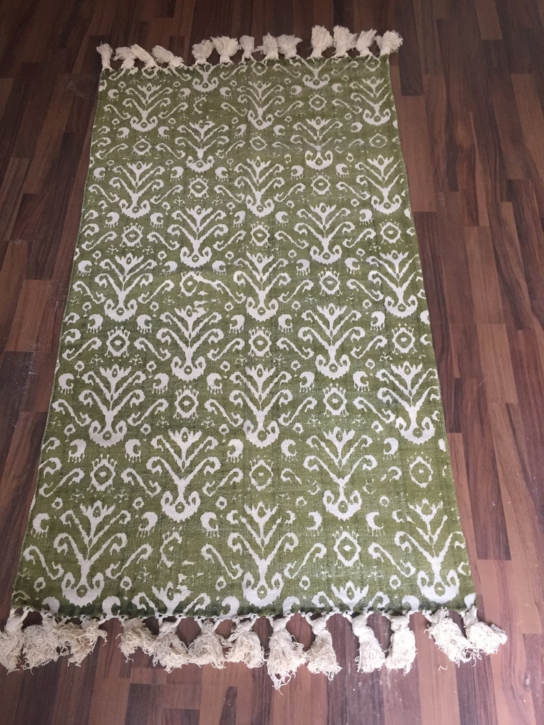 Green cotton rug,Handmade rug,Cotton rug,Block print rug,Home decor,Housewarming gift,Area rug,Passage shops rug,Patio rug,Boho rug,Mother's day