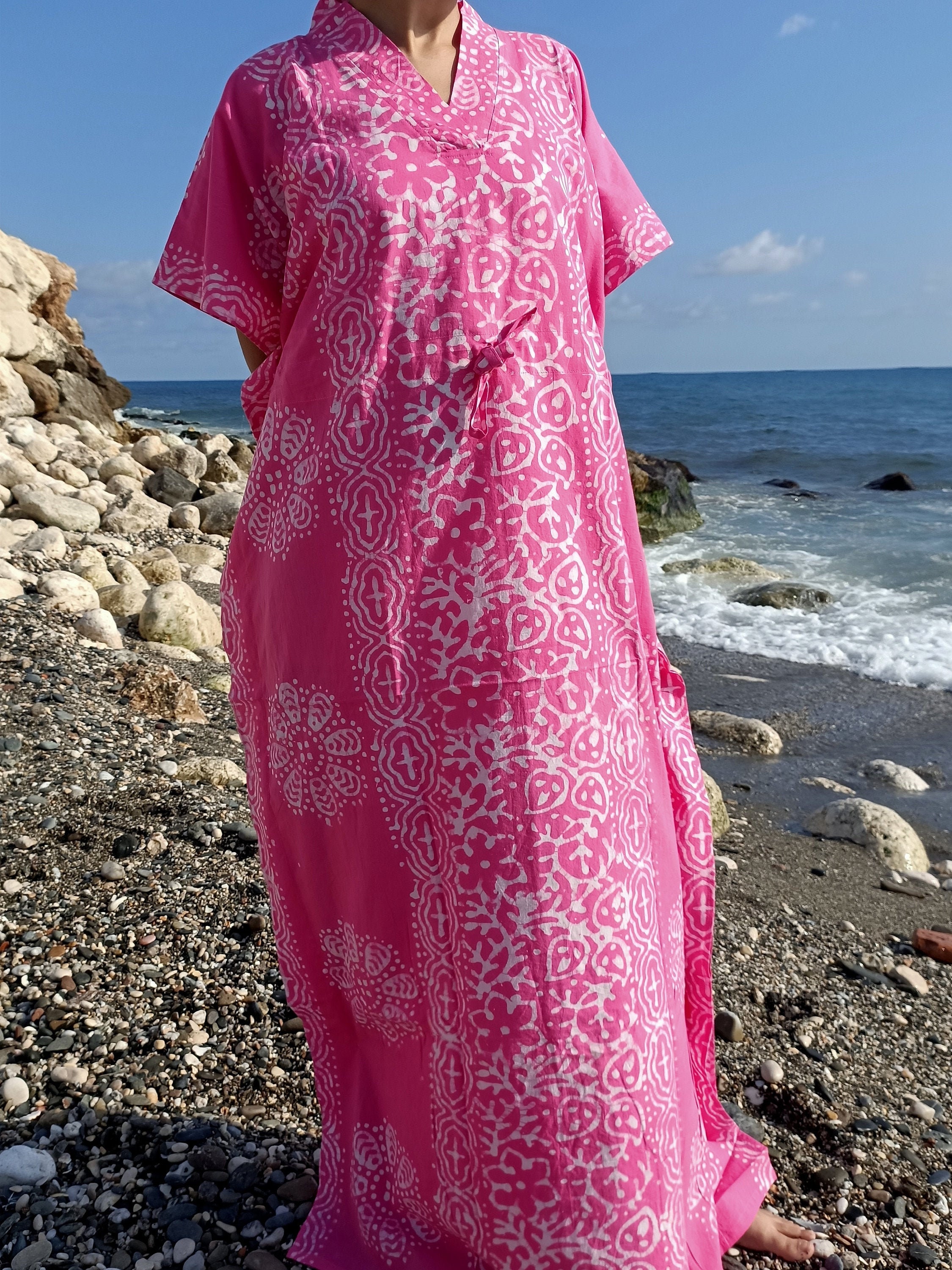 Guru-Shop Caftano Tunica Stile Ibiza Per Donna - Leggera E Ariosa, Taglia Unica (40-46) - Rosa, Floreale, Maxi Camicetta Da Spiaggia - Fatto A Mano In Indonesia - 3