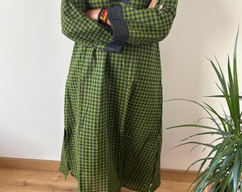 Caftan en coton à carreaux tissé à la main, caftan, tenue de villégiature, vêtements d'intérieur, cadeaux pour elle, robe bohème, robe trapèze, robe à carreaux
