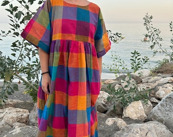 cotton gingham tunic,cotton tunic,cotton check tunic,gifts for her,resort wear,mom postpartum gift,Mother’s Day gift,boho tunic