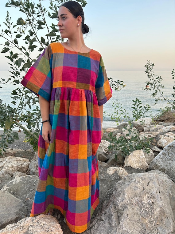 cotton gingham tunic,cotton tunic,cotton check tunic,gifts for her,resort wear,mom postpartum gift,Mother’s Day gift,boho tunic