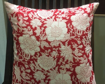 Handmade Red Floral Cotton Cushion Cover: Indian Block Print