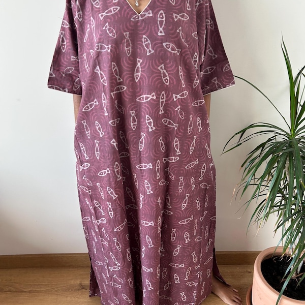 Caftan de algodão, caftan com estampa de peixe, presentes para ela, roupa de resort, roupa para ficar em casa, vestido boho, vestido longo, presentes para ela,
