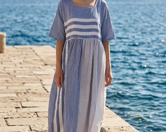 Robe rayée en coton tissée à la main, robe en coton, robe rayée en coton, cadeau pour elle, tenue de vacances, cadeau post-partum pour maman, cadeau pour la fête des mères, tunique bohème