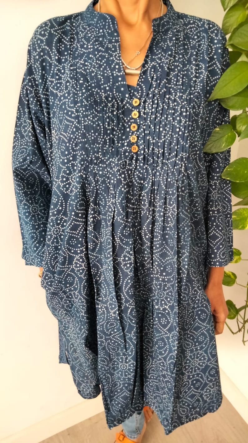 Tunica di cotone, tunica nervata, abbigliamento da resort, abito estivo, abbigliamento da spiaggia, copertura da bagno, tunica indaco, tunica organica, regali per lei, regalo per la festa della mamma, boho immagine 9