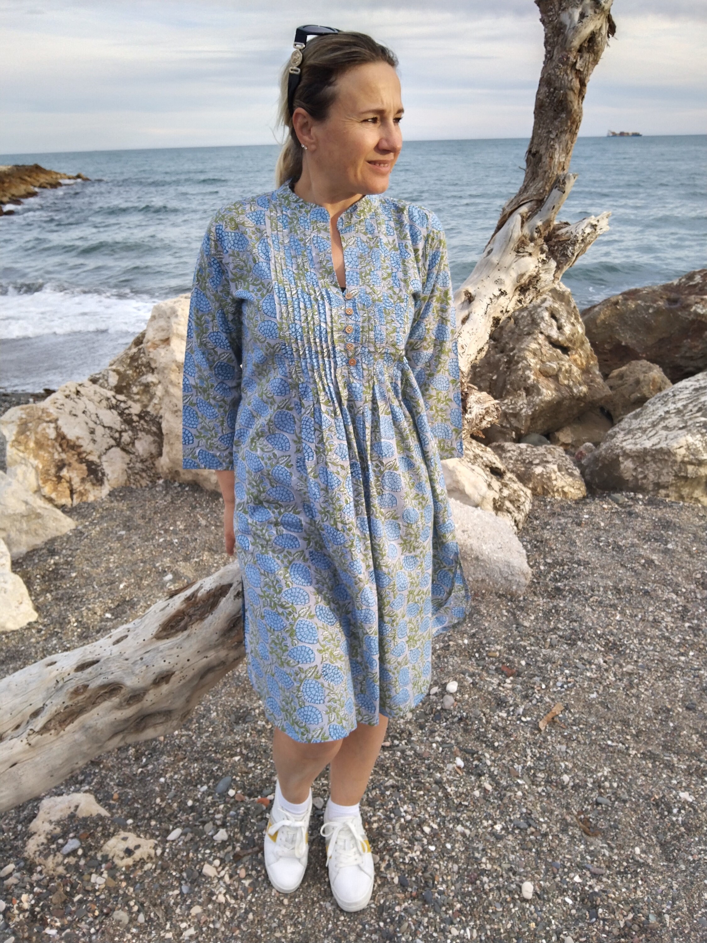 IRIS TUNIQE Leaf block print ワンピース Blockprint Pintuck Dress,cotton Tunic,gifts for Her,resort Wear