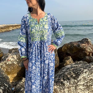 Embroidered cotton kaftan,caftan, resort wear,loungewear,gifts for her,boho dress,a line dress,block print dress,Resort wear,Sunmer dress