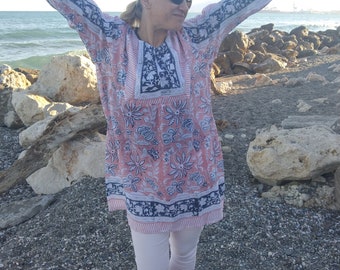 Katoenen jurk met blokprint, cadeaus voor haar, zomertuniek, Indiase kurti, strandkleding, resortkleding, zomertuniek, bohotuniek, katoenen moeder Postpartumcadeau