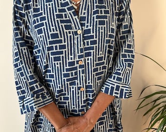 Indigo collar fish cotton kaftan,caftan, resort wear,loungewear,gifts for her,boho dress,a line dress,block print dress