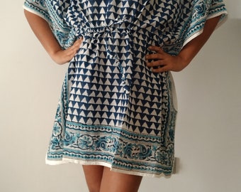 Kaftan en coton indigo, caftan, cadeaux pour elle, vêtements de plage, vêtements de villégiature, couverture de bain, robe boho, robe plus taille