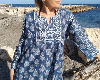 Indigokatoenen tuniek, cadeaus voor haar, biologische tuniek, resortkleding, moederdagcadeau, moeder kraamcadeau, zomertuniek, katoenen top, bohotuniek