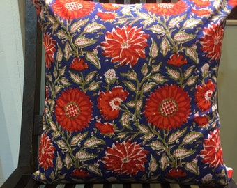 Handmade Blue Floral Cushion Cover: Block Print Cotton Pillow, 16x16