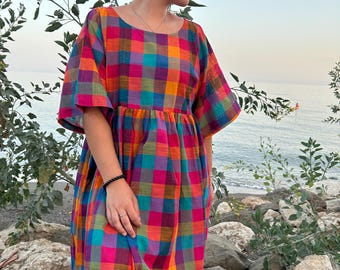 cotton gingham tunic,cotton tunic,cotton check dress,gifts for her,resort wear,mom postpartum gift,Mother’s Day gift,boho tunic