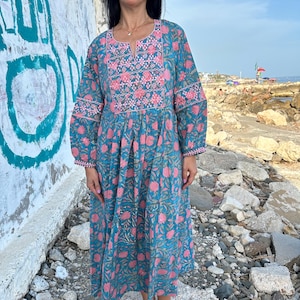 Embroidered cotton kaftan,caftan, resort wear,loungewear,gifts for her,boho dress,a line dress,block print dress,Resort wear,Sunmer dress