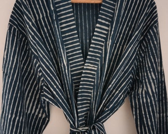 Indigo-Robe, Baumwoll-Robe, gestreifter Kimono, Boho-Robe, Baumwoll-Kimono, Geschenke für sie,Resort-Kleidung, Loungewear, Nachtwäsche