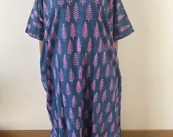 Indigo pink cotton kaftan,caftan, resort wear,loungewear,gifts for her,boho dress,a line dress,block print dress