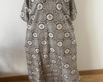 Black beige geometric cotton kaftan,caftan, resort wear,loungewear,gifts for her,boho dress,a line dress,block print dress