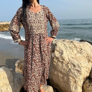 Embroidered cotton kaftan,caftan, resort wear,loungewear,gifts for her,boho dress,a line dress,block print dress,Resort wear,Sunmer dress