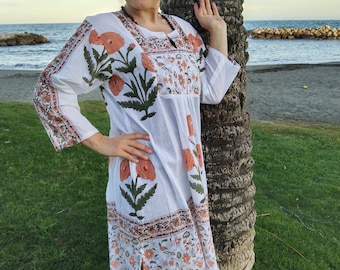 Vestido de algodón Sheer Blockprint, regalos para ella, ropa de resort, ropa de salón, ropa de playa, cubierta de baño, regalo del día de la madre, vestido de verano, vestido boho