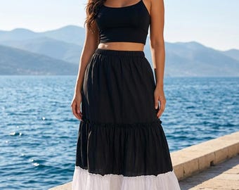 Jupe en coton noir, jupe paysanne, jupe maxi, jupe, jupe bohème, cadeau pour la fête des mères, cadeaux pour elle