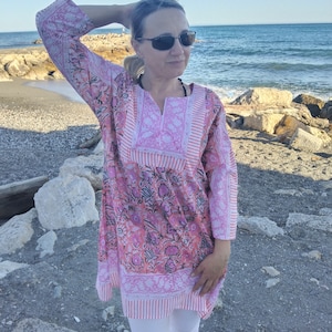 Handmade tunic, blockprint tunic, gifts for her, resort wear, loungewear, gifts for her,swim cover up,beachwear,Indian kurti,cotton kurti