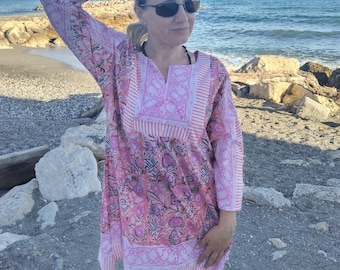 Handmade tunic, blockprint tunic, gifts for her, resort wear, loungewear, gifts for her,swim cover up,beachwear,Indian kurti,cotton kurti
