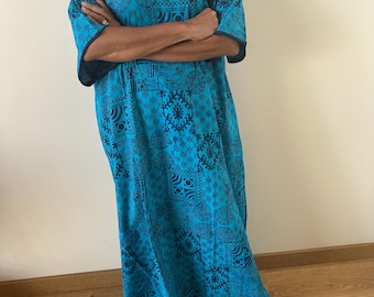 Blue  patch cotton kaftan,caftan, resort wear,loungewear,gifts for her,boho dress,a line dress,block print dress