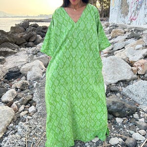 Green cotton kaftan,caftan, resort wear,loungewear,gifts for her,boho dress,a line dress,block print dress
