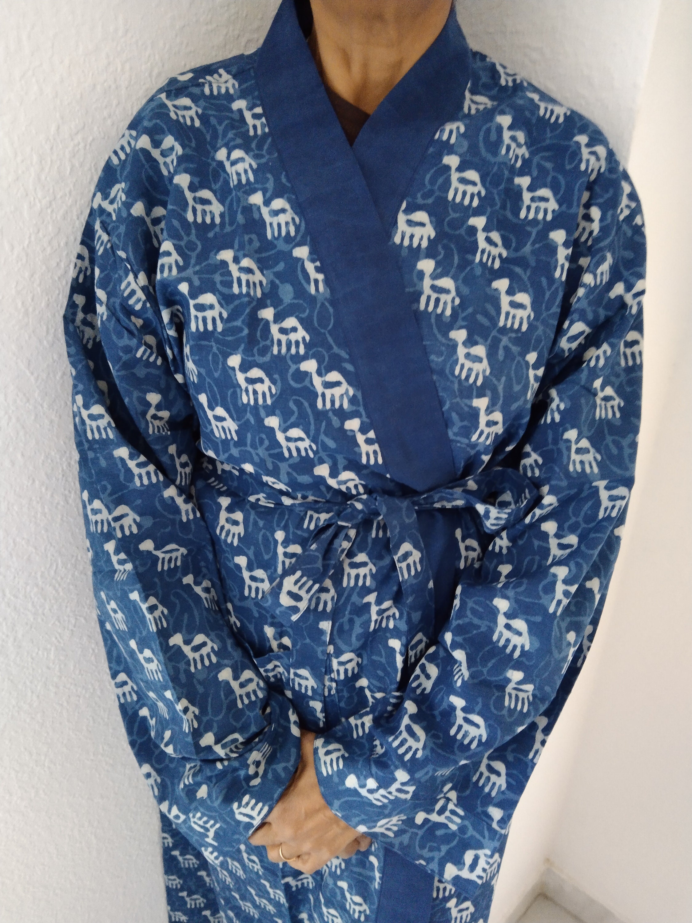Unisex Indigo cotton robe,giraffe robe, loungewear, resort wear,gifts for her, gifts for him, bridesmaid's robe, organic robe, swim coverup