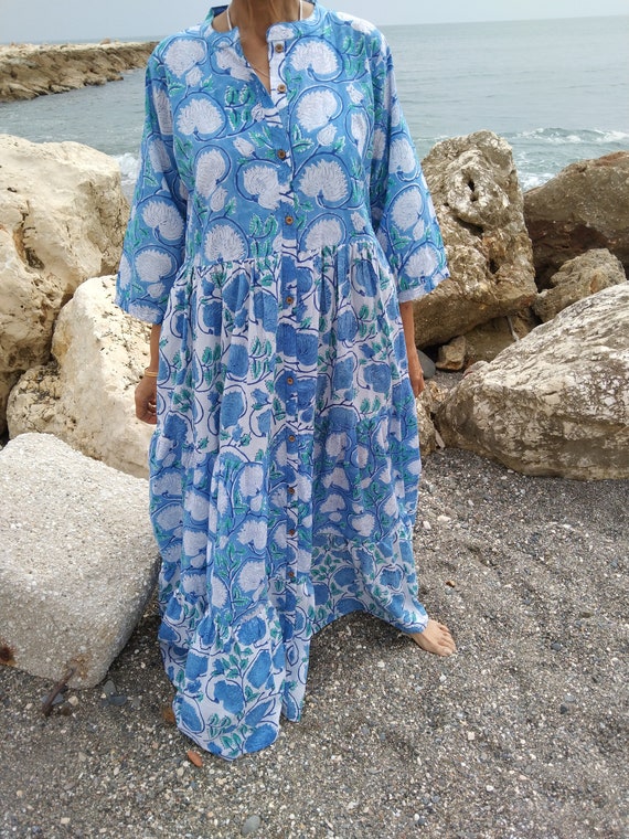 tiered cotton dress with sleeves Tiered Cotton Dress,gifts for Her,boho Dress,spring Dress,block Print Dress,summer  Dress