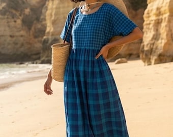 Robe rayée en coton tissé à la main ou en rayonne, robe en coton, robe rayée en coton, cadeau pour elle, tenue de vacances, cadeau pour maman après l'accouchement, cadeau pour la fête des mères