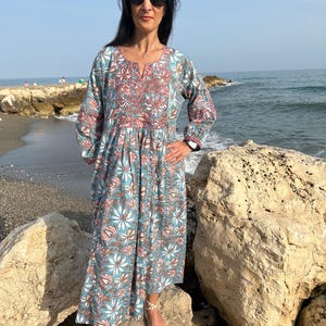 Embroidered cotton kaftan,caftan, resort wear,loungewear,gifts for her,boho dress,a line dress,block print dress,Resort wear,Sunmer dress